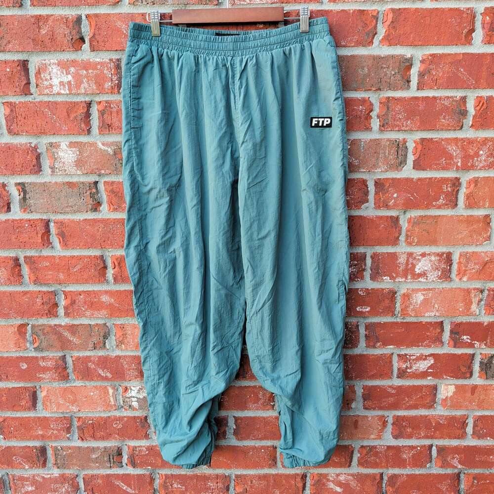 FTP Nylon Track Pants Mens L Teal Green Zip Pocket Baggy Joggers